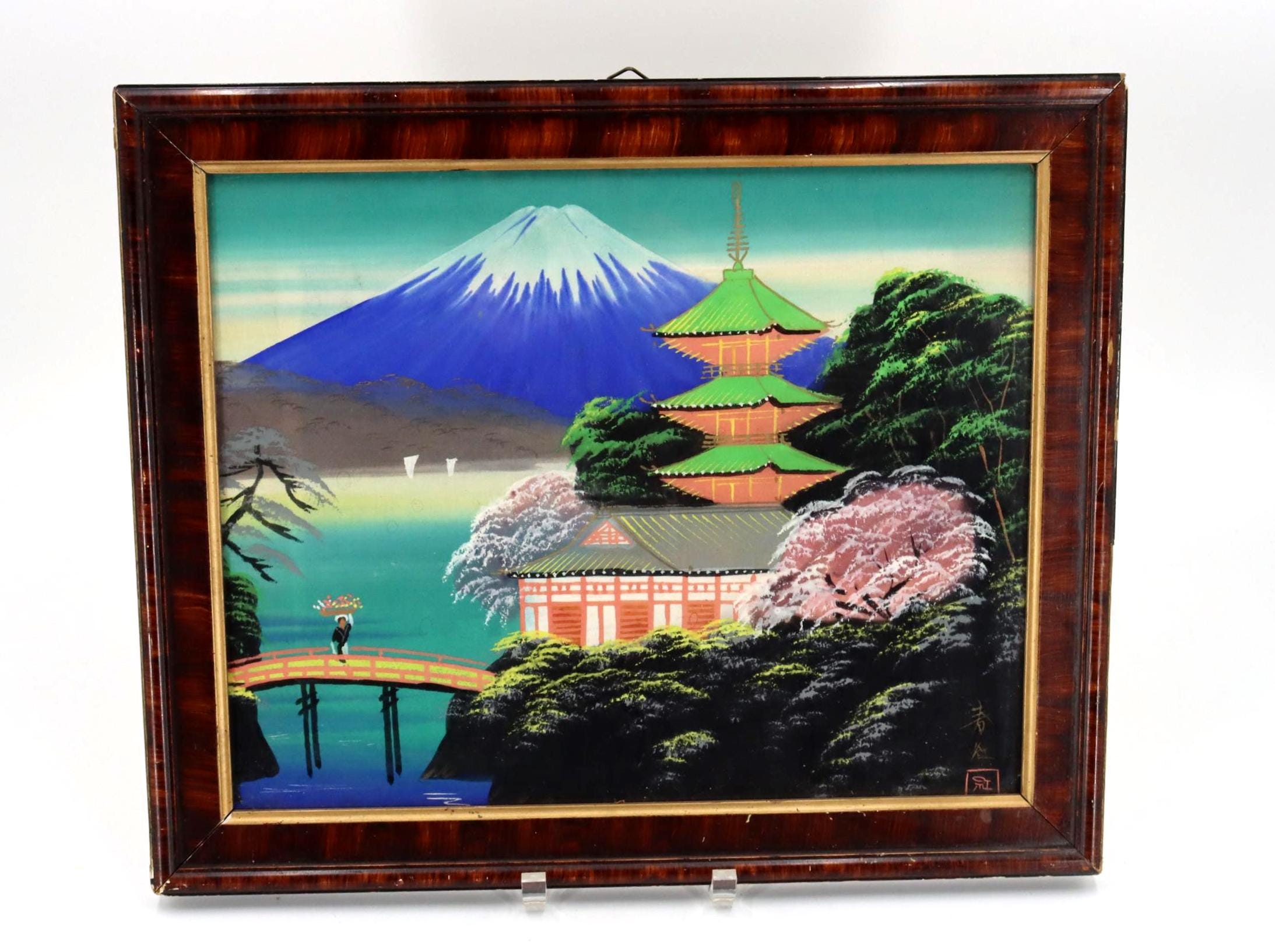 七五三 M's fiore. 1950s Japanese Silk Painting | Mt. Fuji, Cherry Blossoms Vintage