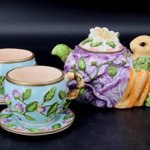 Vintage Majolica Whispering Garden Tea Set: Bunny Teapot, Berry Cups - Silvestri Voghelle 1990s Cottagecore