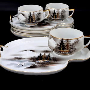 Vintage Kutani Eggshell China Snack Set: Hand-Painted Mt. Fuji Edo Style