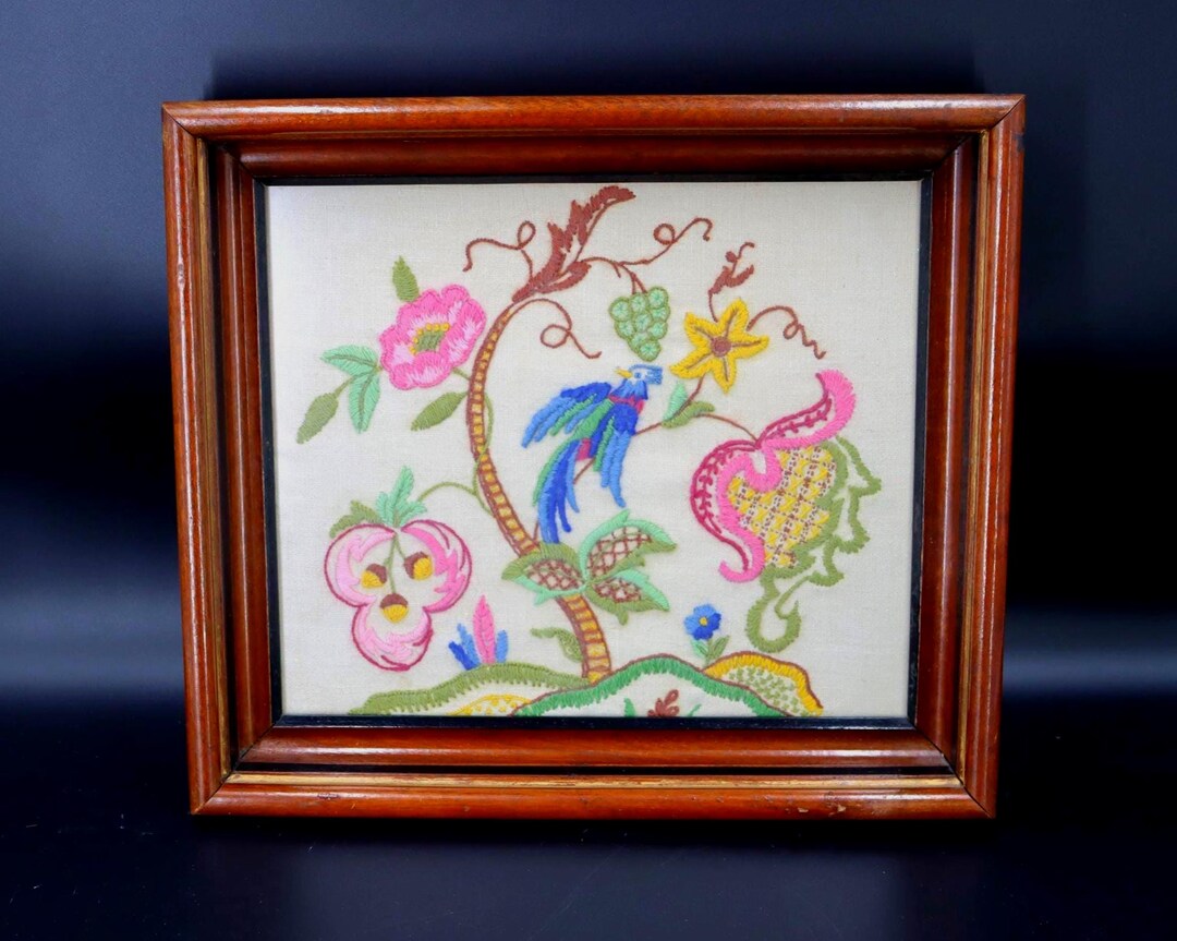 Vintage Crewel Embroidery Art: Bird & Floral Design in Wood Frame - Etsy