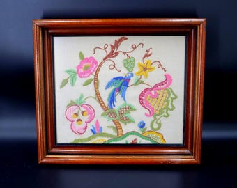 Vintage Crewel Embroidery Art: Bird & Floral Design in Wood Frame