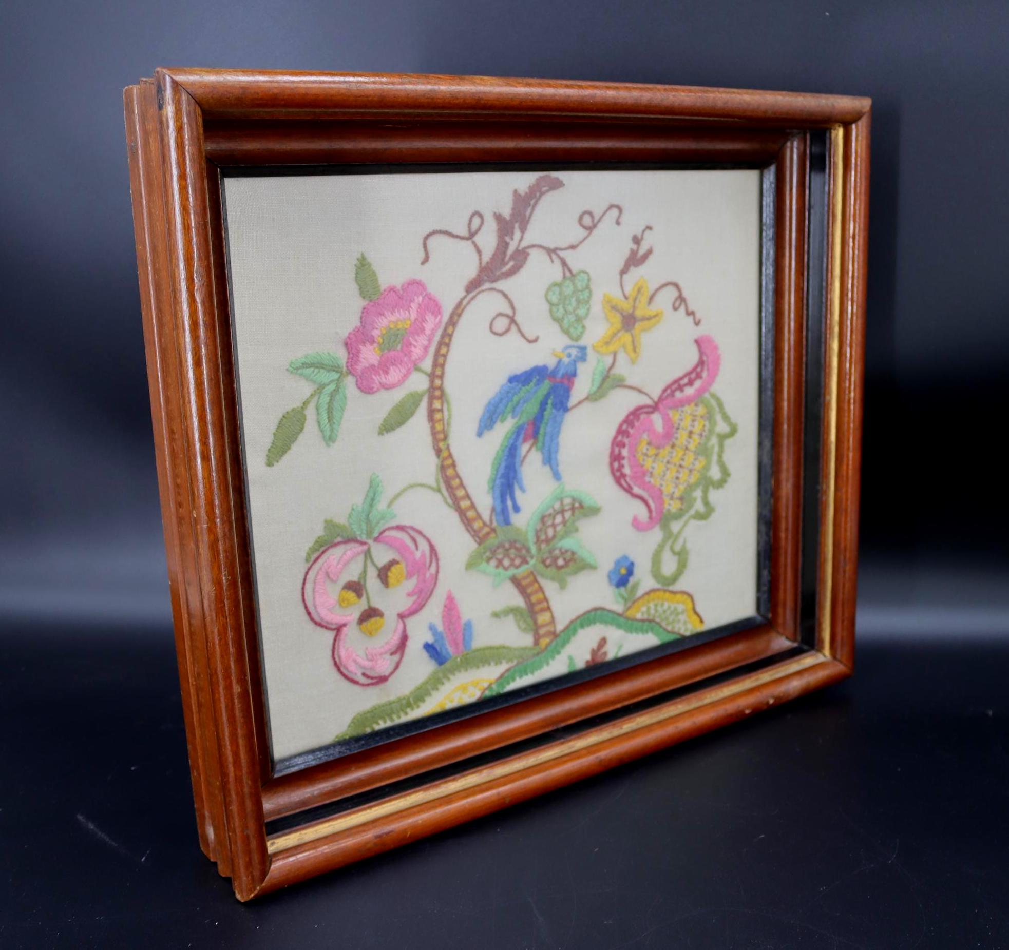 Vintage Crewel Embroidery Art: Bird & Floral Design in Wood Frame - Etsy