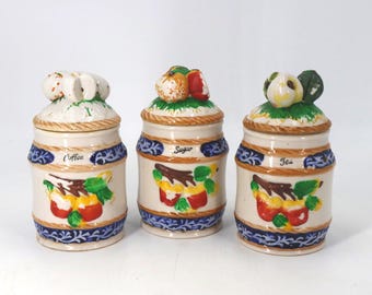 Vintage Majolica Fruit Canister Set | 1950s Ceramic Kitchen Canisters | Coffee Tea Sugar Containers | Cottage Farmhouse Kitchen Decor
