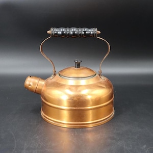 Vintage Copper Teapot: Black Carved Handle, Whistle Spout, Patina Finish