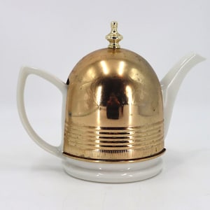 Vintage Hall China Teapot | Mid-Century Modern Porcelain Copper Dome Coffee Pot