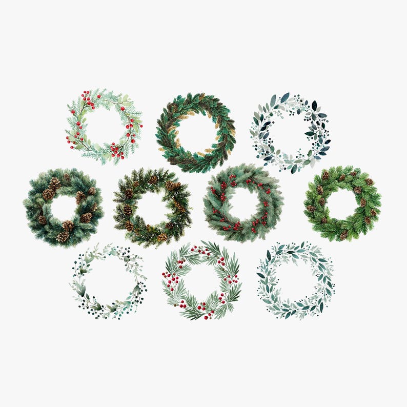 Watercolor Christmas Wreath Clipart Set | Holiday Greenery PNG (digital ...