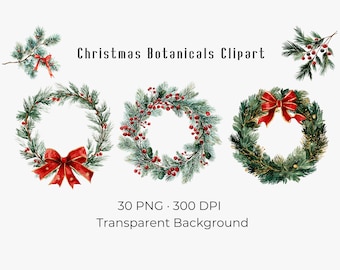 May include: Watercolor Christmas Botanicals Clipart featuring three wreaths with red bows and berries. The wreaths are made of green pine needles and are perfect for holiday-themed crafts and designs.
