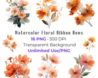 Set di clipart floreali ad acquerello / Corallo, Pesca e Rosa cipria (PNG, 300 DPI)