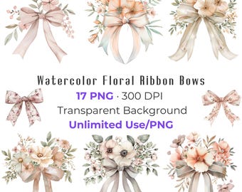 Watercolor Floral Ribbon Bow Clipart | Neutral Wedding PNG (Digital Download)