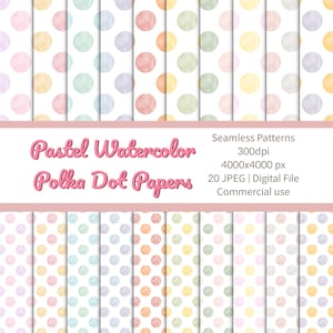 May include: A collection of pastel watercolor polka dot papers. Each paper features a repeating pattern of soft, watercolor-style circles in various colors, including pink, yellow, green, and blue. The image includes the text "Pastel Watercolor Polka Dot Papers".