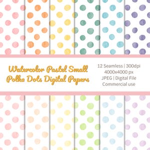 Può includere: Dodici carte digitali con piccoli pois pastello ad acquerello in vari colori, tra cui rosa, arancione, giallo, verde, blu e viola. Il testo recita "Watercolor Pastel Small Polka Dots Digital Papers".