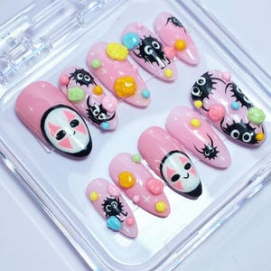 Uñas postizas 3D Kawaii / Diseño de uñas con caras pastel / Uñas postizas estilo Harajuku hechas a mano / Look acrílico colorido Y2K para niñas