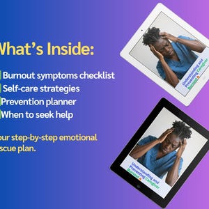 K&ouml;nnte beinhalten: Eine digitale Grafik mit dem Text &bdquo;What's Inside:&ldquo; und einer Checkliste mit Themen zum Burnout. Zwei Tablets zeigen ein Bild einer Person, die sich den Kopf h&auml;lt. Die Tablets zeigen auch den Text &bdquo;Understanding and Preventing Caregiver Burnout&ldquo;.