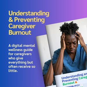 K&ouml;nnte beinhalten: Das Bild zeigt einen digitalen Leitfaden zum Thema psychische Gesundheit mit dem Titel "Verst&auml;ndnis und Pr&auml;vention von Burnout bei Pflegekr&auml;ften". Es zeigt eine Person in einem blauen Kittel, die sich den Kopf h&auml;lt, mit Text auf blau-violettem Hintergrund.