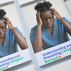 K&ouml;nnte beinhalten: Buchcover mit einer Person in einem blauen Kittel, die sich mit besorgtem Gesicht die H&auml;nde an den Kopf h&auml;lt. Der Titel lautet "Understanding and Preventing Caregiver Burnout" in Blau und Gr&uuml;n, mit einem Flammen-Symbol.