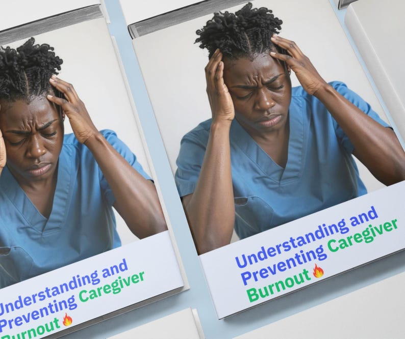 K&ouml;nnte beinhalten: Buchcover mit einer Person in einem blauen Kittel, die sich mit besorgtem Gesicht die H&auml;nde an den Kopf h&auml;lt. Der Titel lautet "Understanding and Preventing Caregiver Burnout" in Blau und Gr&uuml;n, mit einem Flammen-Symbol.