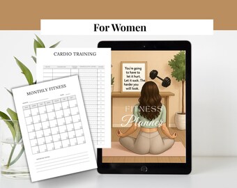 May include: A fitness planner with the text "Fitness Planner" and "For Women". The image includes a tablet displaying a woman meditating, workout sheets, and the text "Instant Download | Printable PDF | 40 Pages".