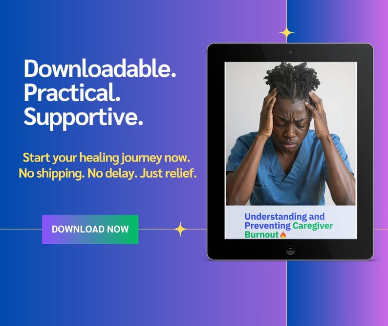 K&ouml;nnte beinhalten: Ein digitales Tablet zeigt ein Bild einer Person, die sich den Kopf h&auml;lt, mit dem Text "Understanding and Preventing Caregiver Burnout." Der Hintergrund ist ein blauer und violetter Farbverlauf mit den Worten "Downloadable. Practical. Supportive." und einem "Download Now"-Button.