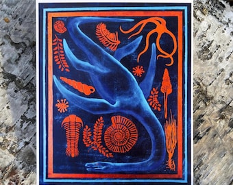 Plesiosaurus Art Print Postcard, Handmade Art