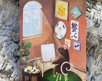 Mouse Painting Art Print Postcard, Handmade Art