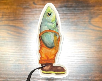 Sardine in a boot and overalls vinyl sticker.