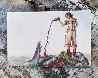 Nessie Parties Art Print Postcard, Handmade Art