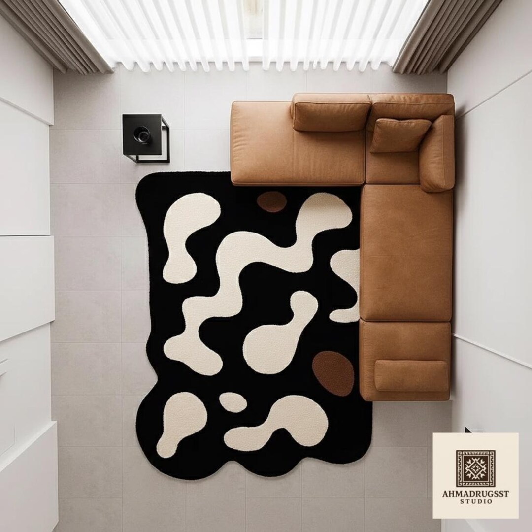 Abstract Tufted Area Rug, Black Cream Modern Rug, Handmade Organic ...