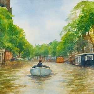 Canal Serenity Watercolor Painting |  A watercolor painting of a white boat with a single person at the stern centered in the serene canal