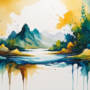 Nature Boho Style Watercolor Wall Art | Stylized watercolor painting of a nature scene in a vibrant & abstract boho inspired art style