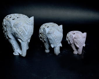 Hand-Carved Soapstone Elephant Diffuser – Aromatherapy Oil Burner, Set Of 3