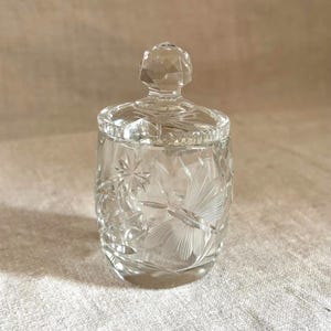 1930s Vintage Crystal Mustard Pot – Engraved Butterfly Design, Germany/Austria, Collectible - Condiment Jar