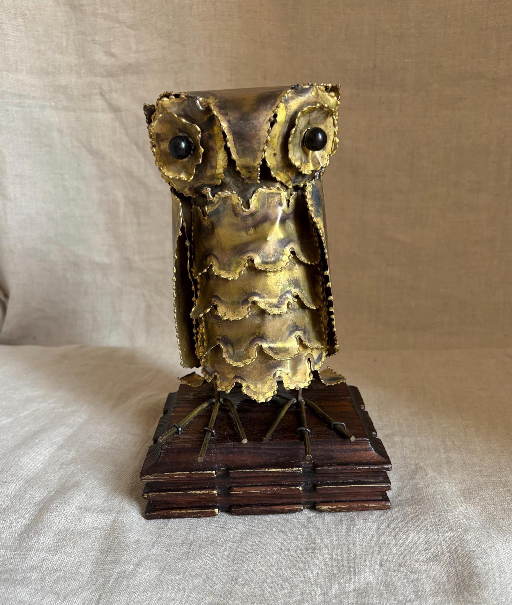Vintage Brutalist Owl – Torch Cut – Wood Base made in Spain – Owl made in Hong Kon