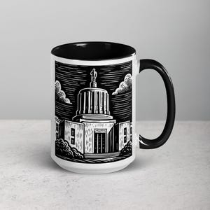 Oregon State Capitol Coffee Mug – Woodcut-Style Salem Oregon Gift, Historic Landmark Mug, Pacific Northwest Souvenir, PNW Art Mug