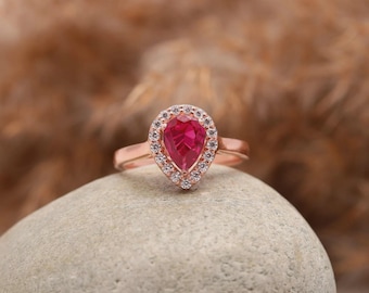 Pear Cut Ruby Moissanite Halo Ring, Sterling Silver Gold Plated, Statement Engagement Ring