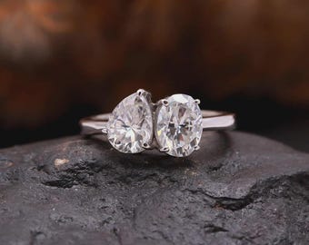 Oval & Pear Moissanite Toi et Moi Ring, Sterling Silver Promise Ring