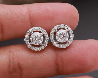 Moissanite Halo Stud Earrings, D VVS1 Sterling Silver Bridal Jewelry