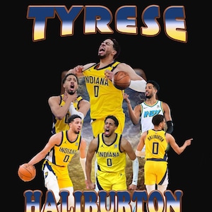 Puede incluir: Gráfico con el nombre "TYRESE" en azul y dorado sobre el nombre "HALIBURTON" en azul. La imagen muestra múltiples imágenes de un jugador de baloncesto con uniforme amarillo y azul, sosteniendo un balón.