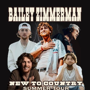 May include: Concert poster featuring Bailey Zimmerman with multiple images of the artist. The text "BAILEY ZIMMERMAN" is at the top, with "NEW TO COUNTRY SUMMER TOUR" at the bottom. The background is black.