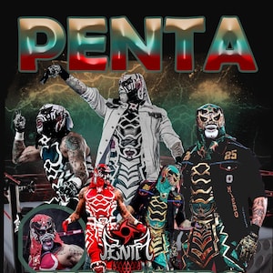 May include: A digital graphic featuring multiple masked wrestlers in various outfits. The word "PENTA" is at the top, with "ZERO MIEDO" at the bottom. The wrestlers are in red, black, white, and teal, with intricate designs on their masks and attire.