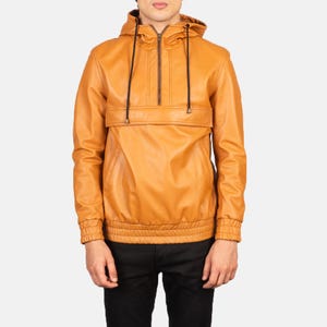 Men’s Leather Jacket with Hood Streetwear Style Drawstring Hoodie & Pockets Best Gift Him Her Vintage Brown Motorcycle Retro Varsity leather
