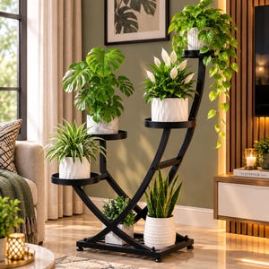 May include: A black metal multi-tiered plant stand with a curved, asymmetrical frame. It features six circular platforms holding various potted plants, including a monstera, a peace lily, a spider plant, a snake plant, and trailing ivy.