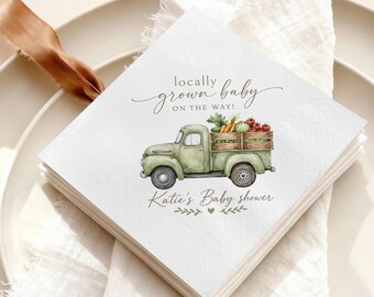 Locally Grown Baby Shower Napkins, Personalized Farm Baby Shower Napkins, Farmers Market Baby Shower, Vintage Truck Custom Cocktail Napkins