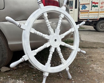 Handmade White Nautical Ship Wheel – Solid Wood & Brass, Marine Decor, Available in various size