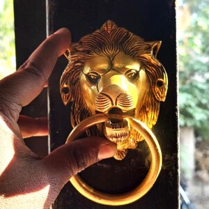 May include: A gold-coloured lion door knocker with a ring handle. The lion's head is intricately detailed, with a textured mane and open mouth holding the ring. The knocker is mounted on a dark surface.
