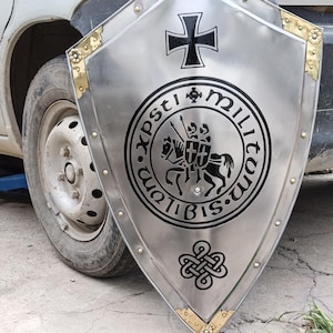 Medieval Armor Knight Templar Crusader Shield | Metal Heater Combat Halloween Battle Larp Cosplay Costume Shield | Available in 06 Size