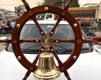 Nautical Wooden Ship Wheel with Brass Bell, Marine Wall Hanging Decor