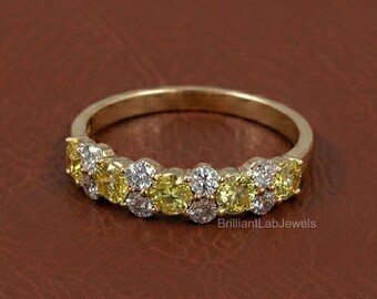 1 Carat 18k Gold Alternating Yellow & White Lab Grown Diamond Wedding Band , 14K Solid Gold Anniversary For Ring Women