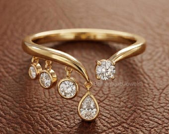 14K Gold Pear & Round Lab Diamond Open Band Ring, Modern Cascade Jewelry ,
