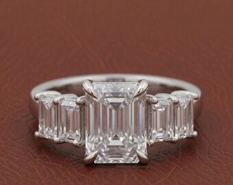 3.50CT Emerald Cut Lab Grown Diamond Five Stone Engagement Ring, Claw Prong Set Wedding Ring, 14K White Gold Ring For Women, Gift For Mom