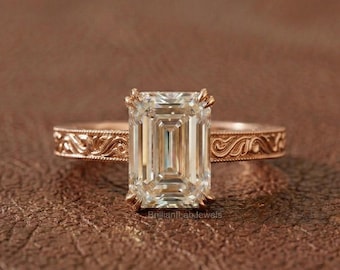 2.20 CTW Emerald Cut Hidden Halo Set  Ring Lab Diamond Engagement, 14K Yellow Gold Vintage Engraved Floral Band For Women